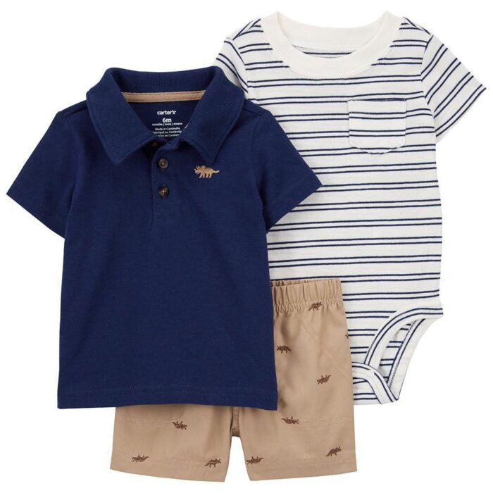 Carter's Set de 3 piezas Camisa tipo Polo Azul, con dinosaurio bordado, enterizo de rayas y short beige de dinosaurios